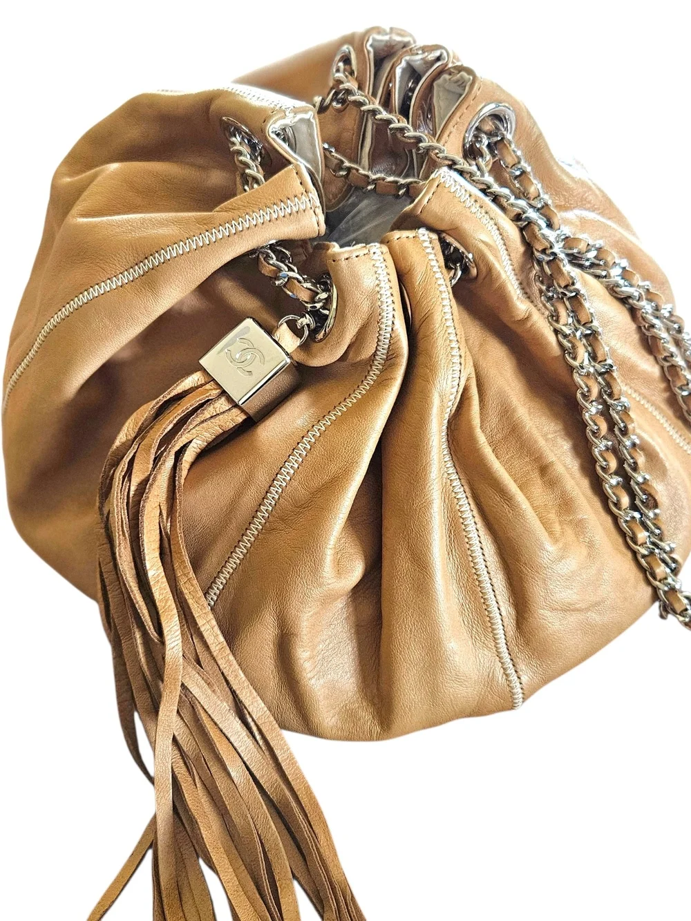 Chanel Reversible Sac Cordon Tan Leather Fringe Drawstring Chain Shoulder Bag